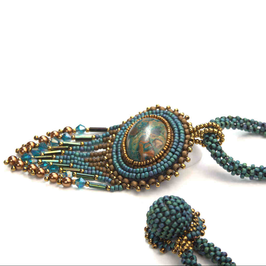 oval jasper fringe beaded art blue green necklace