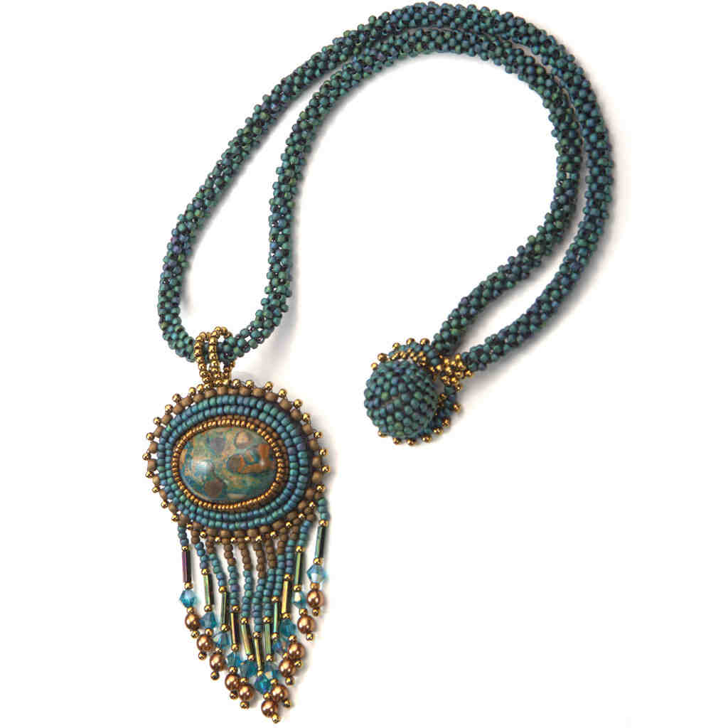 oval jasper fringe beaded art blue green necklace