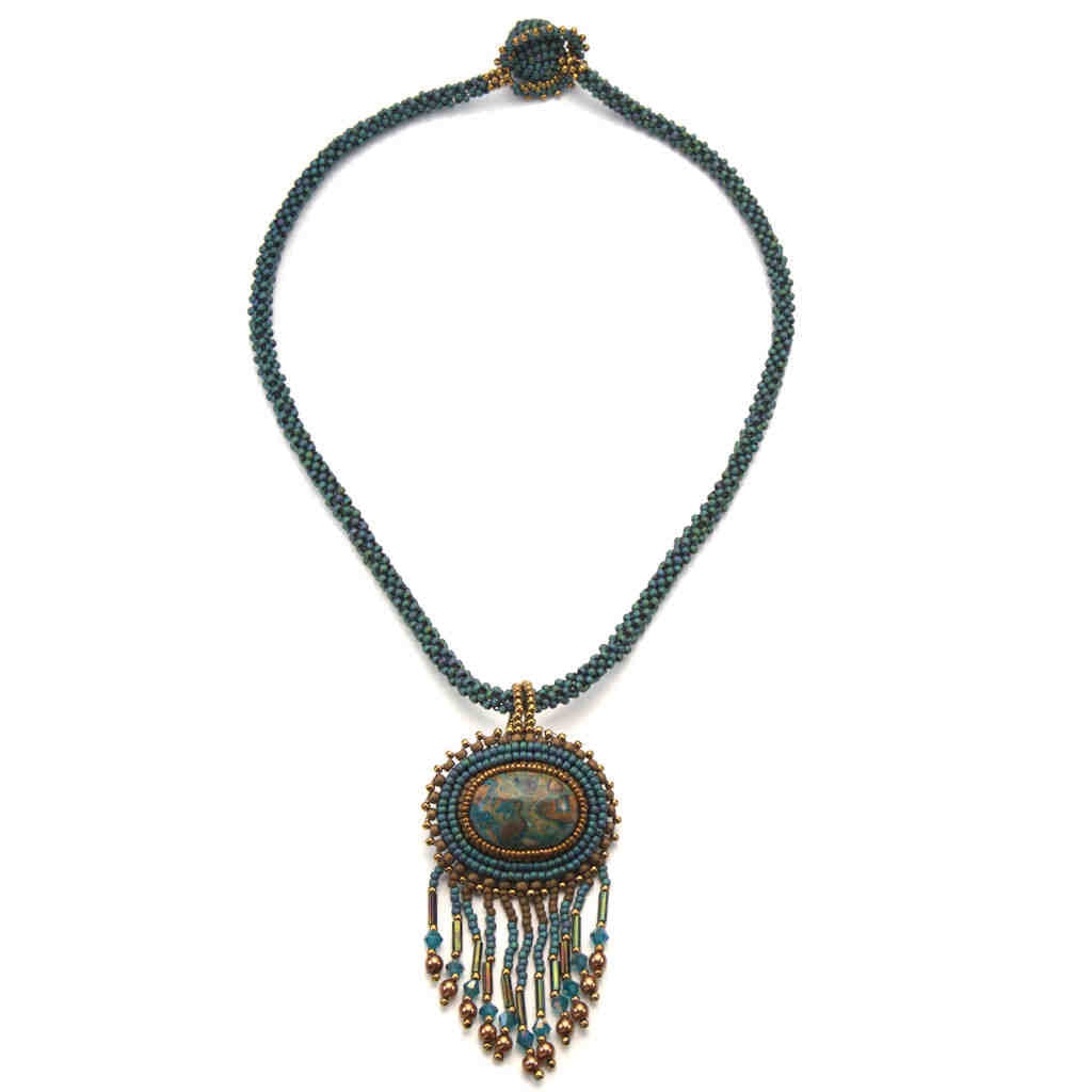 oval jasper fringe beaded art blue green necklace