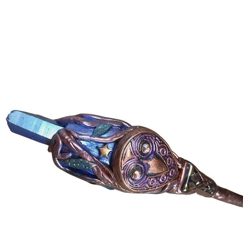 Blue iris crystal owl totem wand