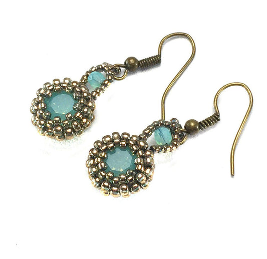 Blue opal dangle earrings with silver beeded bezels and bails