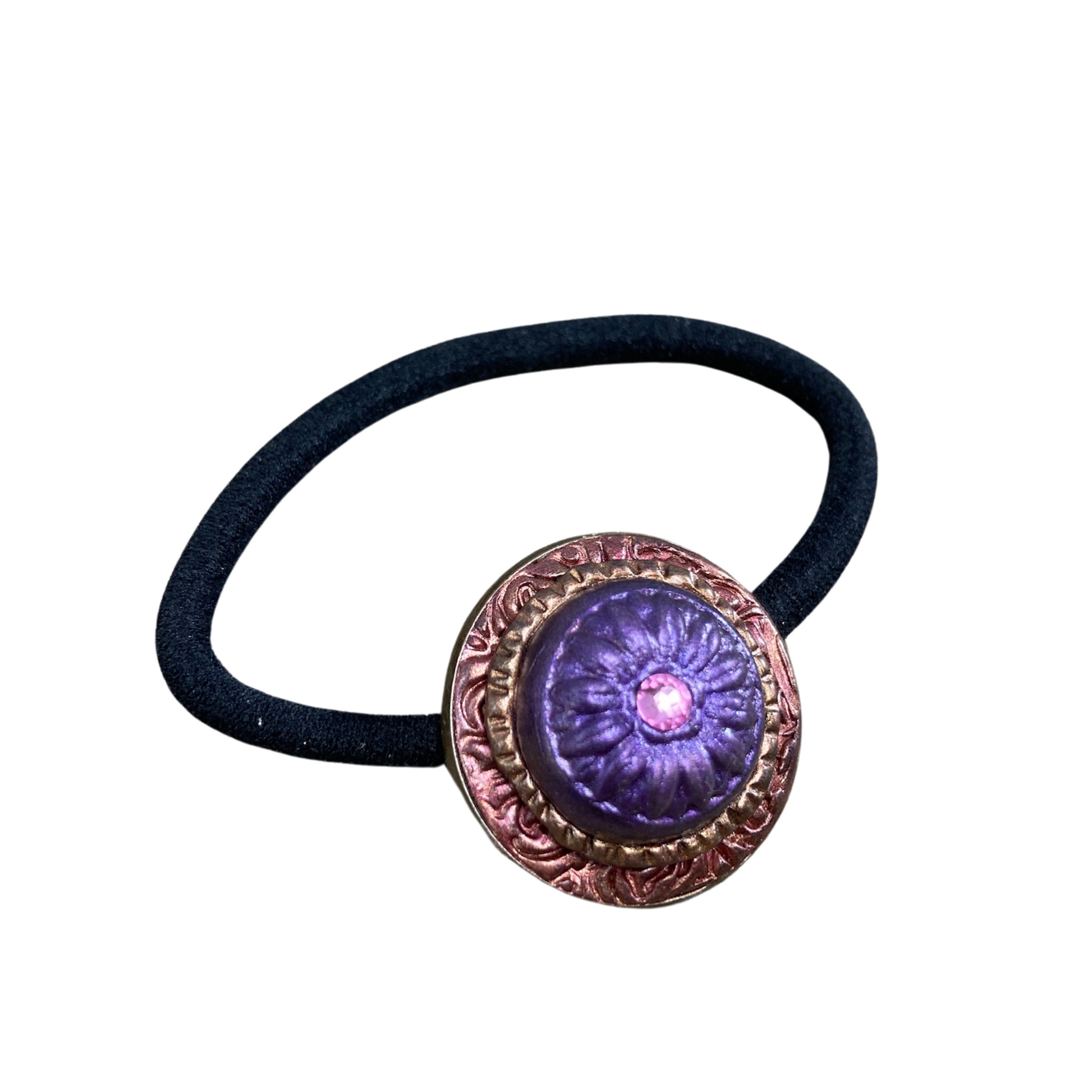 polymer clay purple daisy with crystal hair tie