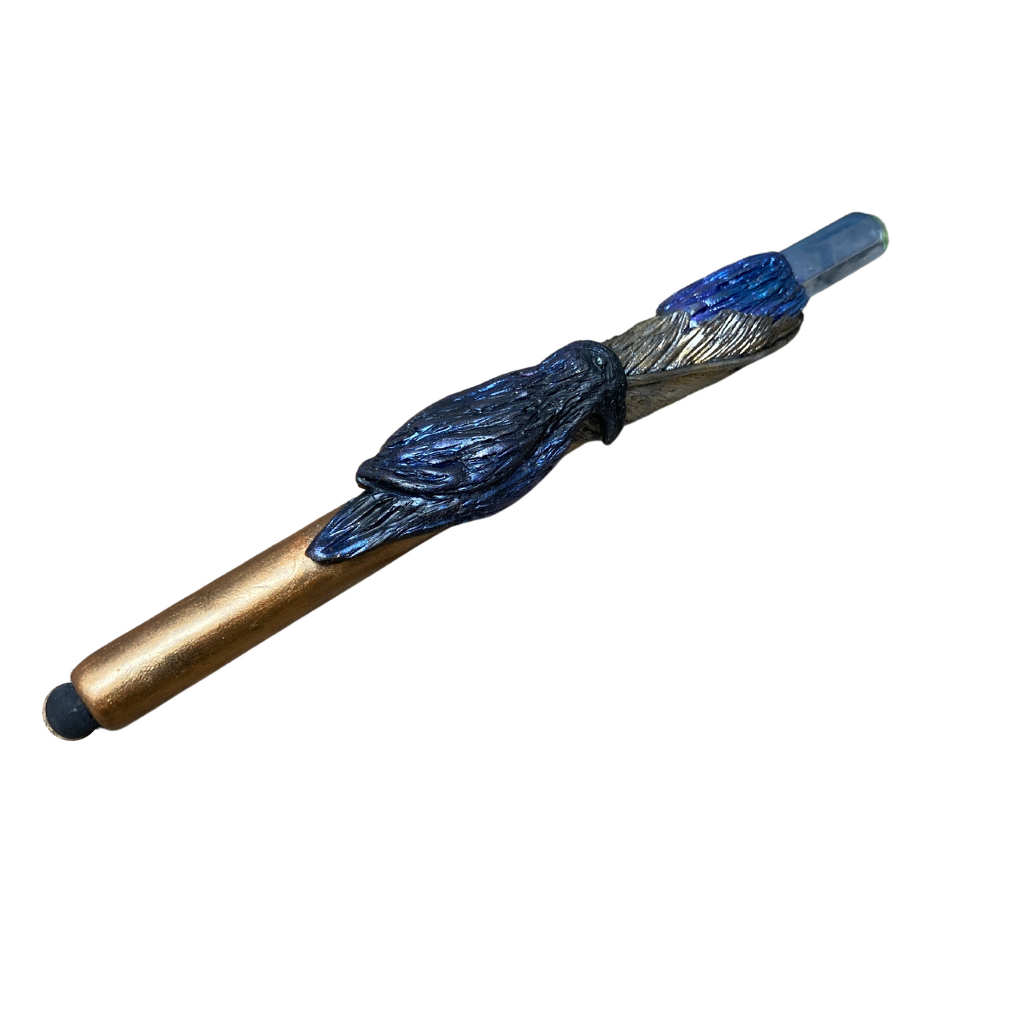 raven bird with fold feather and raw blue crystal phone stylus