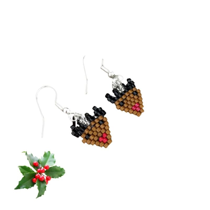 seed beaded brown reindeer earrings