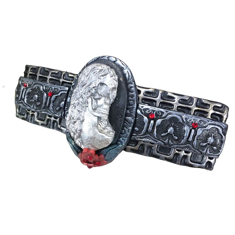 silver skeleton cameo polymer clay hair barrette with red flowers and red crystals with a black textured base highlighted silver.