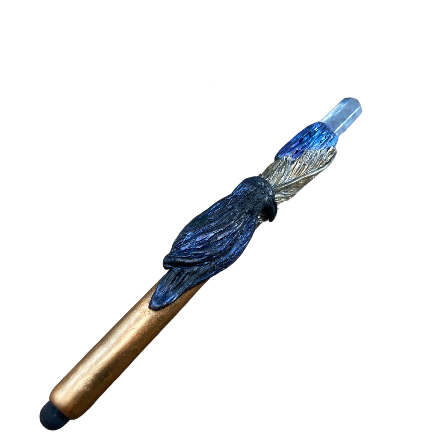 raven bird with fold feather and raw blue crystal phone stylus