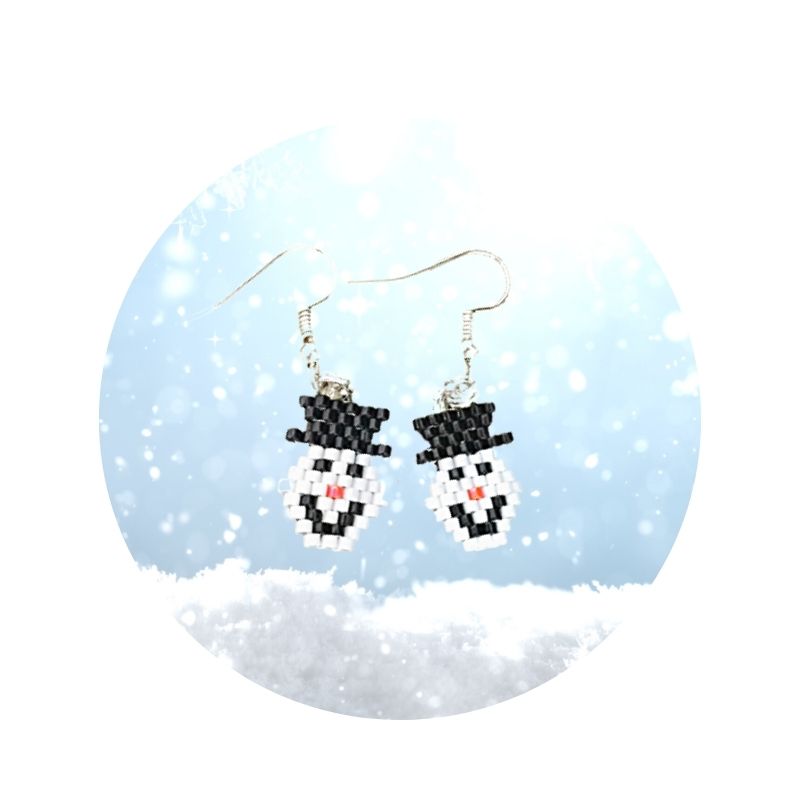 seed beaded snowmen face earrings