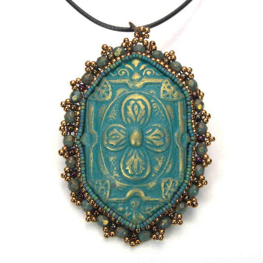 teal and gold oval clay beaded art statement pendant