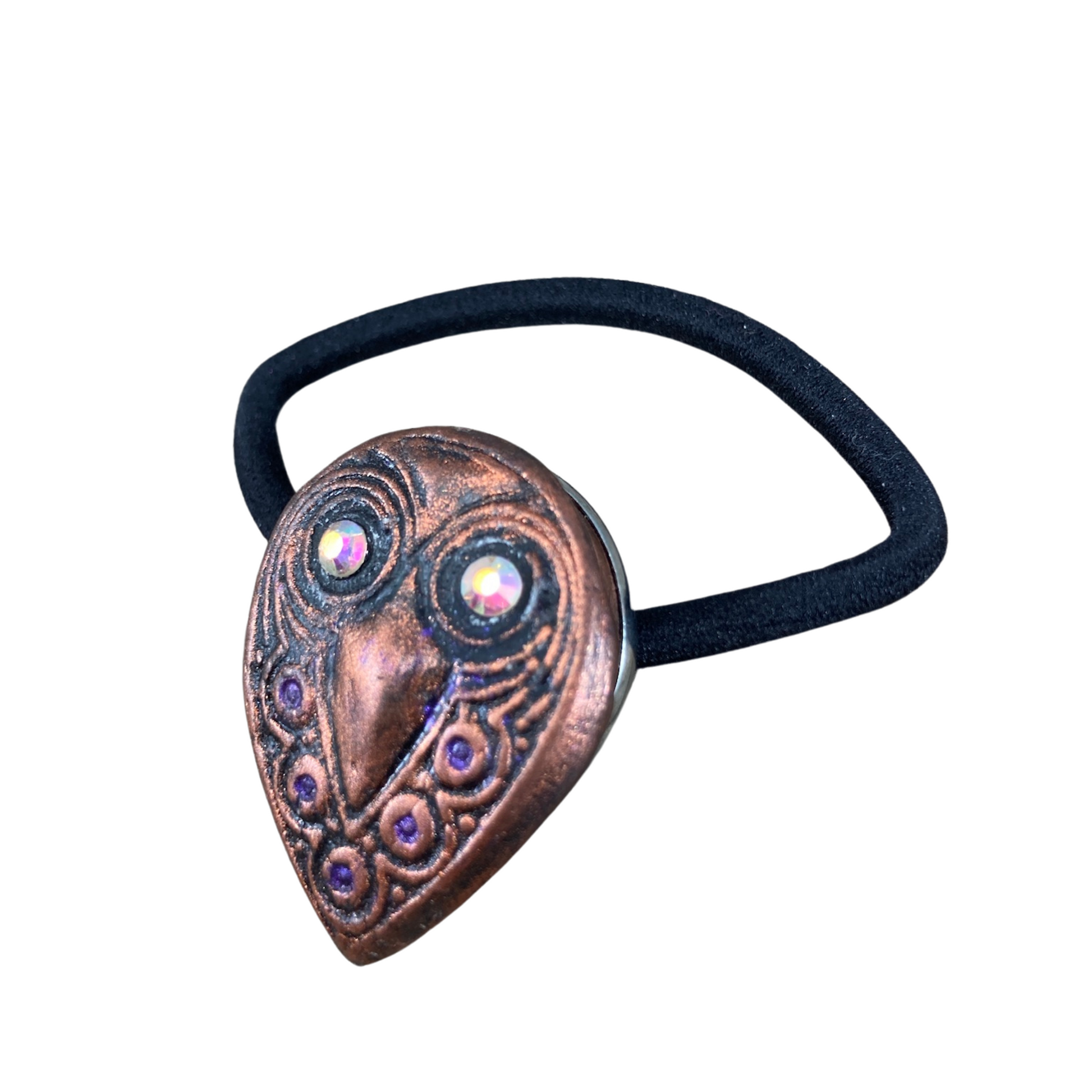 polymer clay copper painted owl with crystal eyes hair elastic