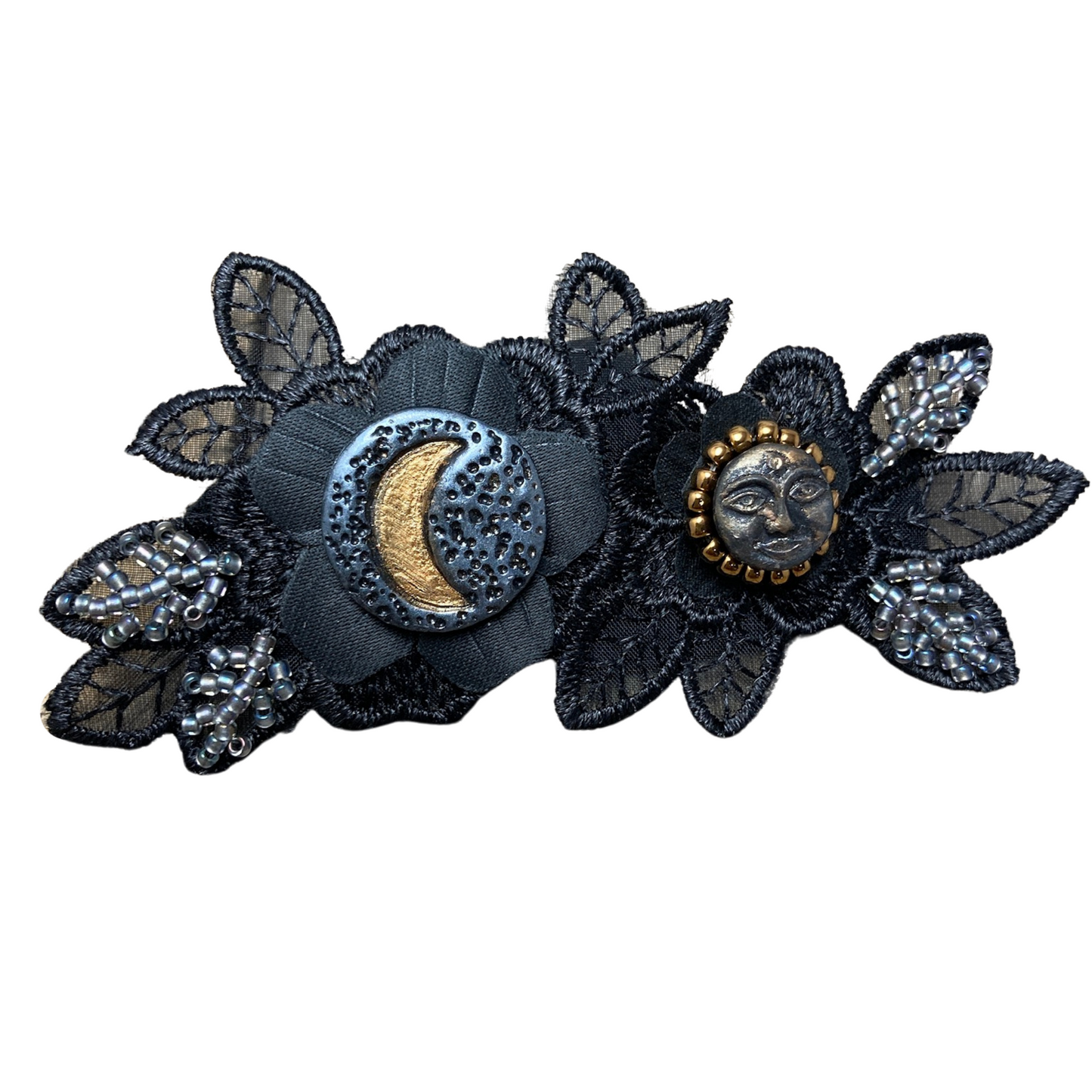 Black applique flower beaded with silver and gold beads with a crescent moon and a full face moon focal cabochons