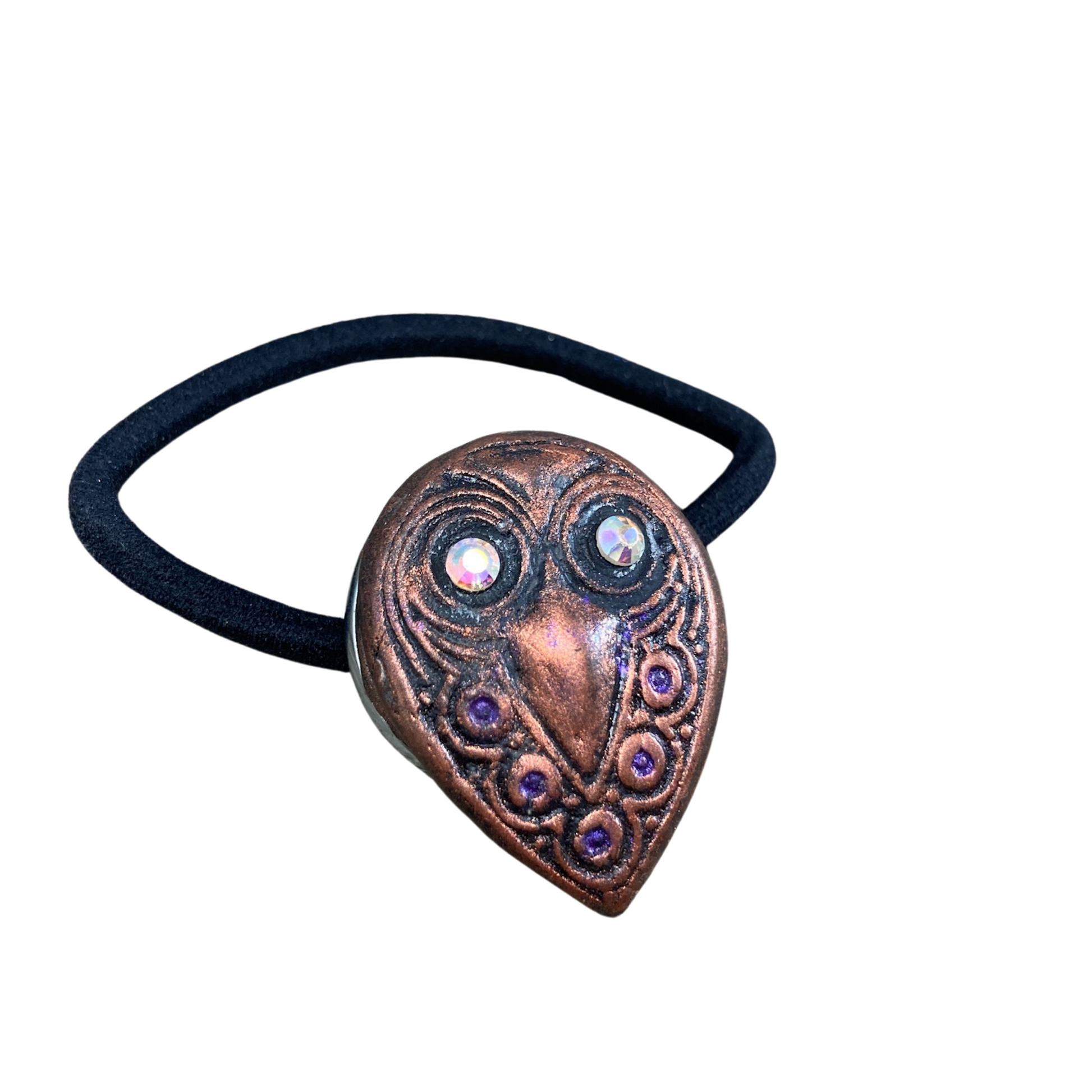 polymer clay copper painted owl with crystal eyes hair elastic