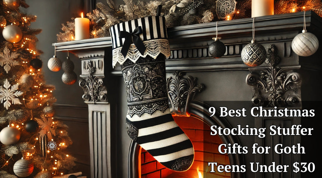 gothic black and white christmas stocking hanging on a gothic fireplace with a christmas tree to the left.