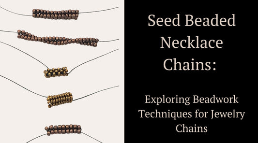 Seed Beaded Necklace Chains example on the left with Blog title to the right on a black background