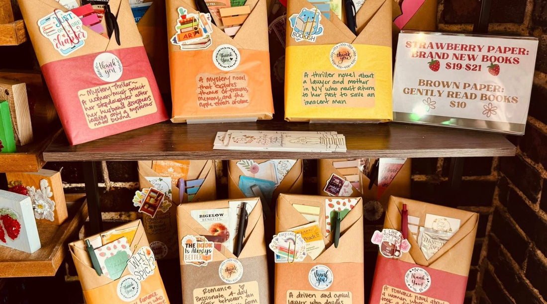 Bookshelf with wrapped mystery books