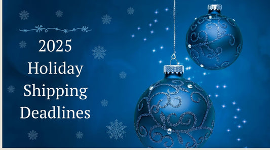 2025 Holiday Shipping Deadlines graphic featuring blue Christmas ornaments and snowflakes — Paula McNulty Designs