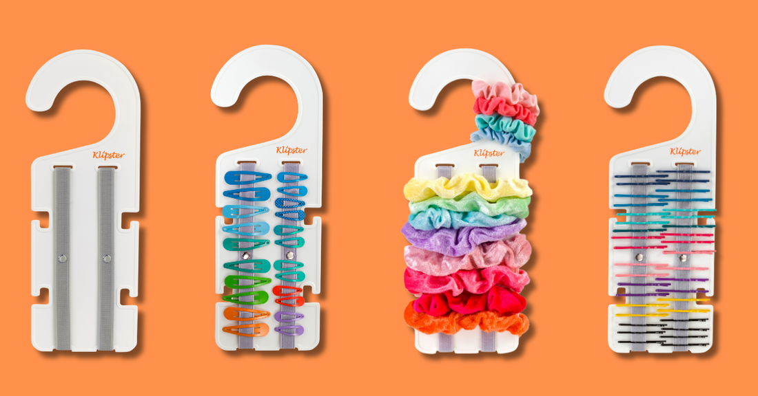 4 Klipster hair accessories organizers in a row on an orange background