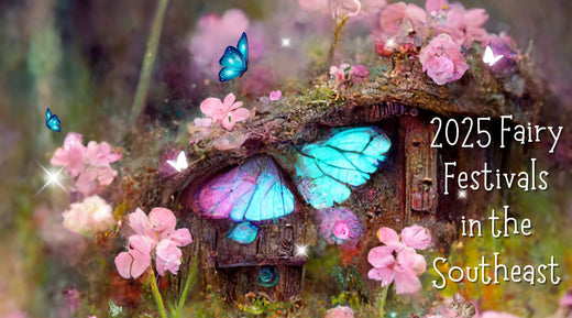 fairy houses with blue butterflies in a forest