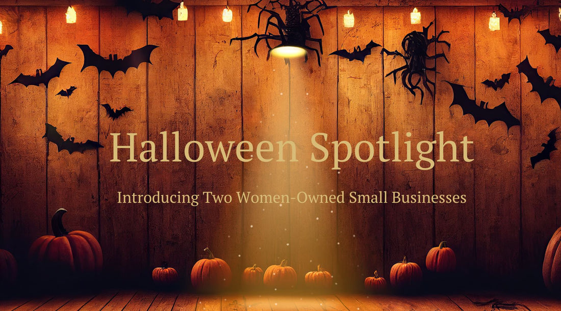 Halloween photo with orange wood background with bats and spiders with the title of the blog post