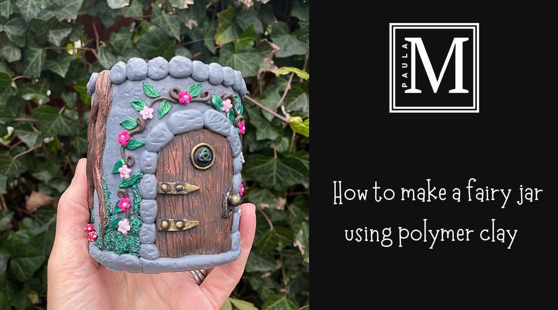 a hand holding a gray and brown polymer clay fairy door house jar with a black graphic with the title of the blog in white with logo