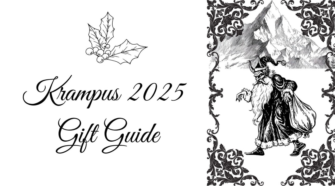 Black and white decorative picture of Krampus with mountains in the background and filigree border frame