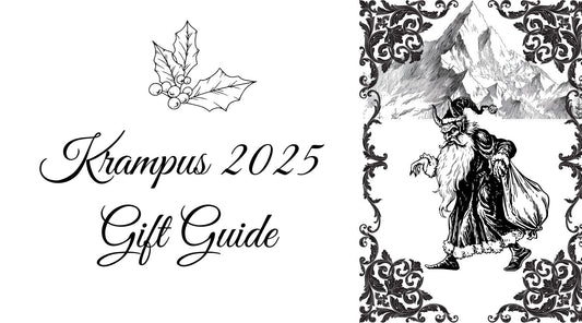 Black and white decorative picture of Krampus with mountains in the background and filigree border frame