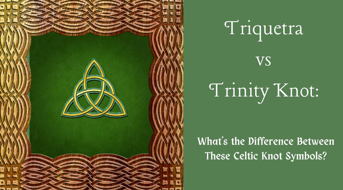 Triquetra vs Trinity knot blog post cover including a trinity knot celtic symbol on a green background with a wood-look knot border  and blog title