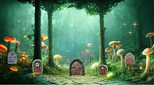 A fantasy forest scene with mushrooms with little fairy doors nestled between the trees