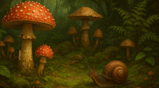 Forest floor with Amanita Muscaria mushrooms and snail in dark greens