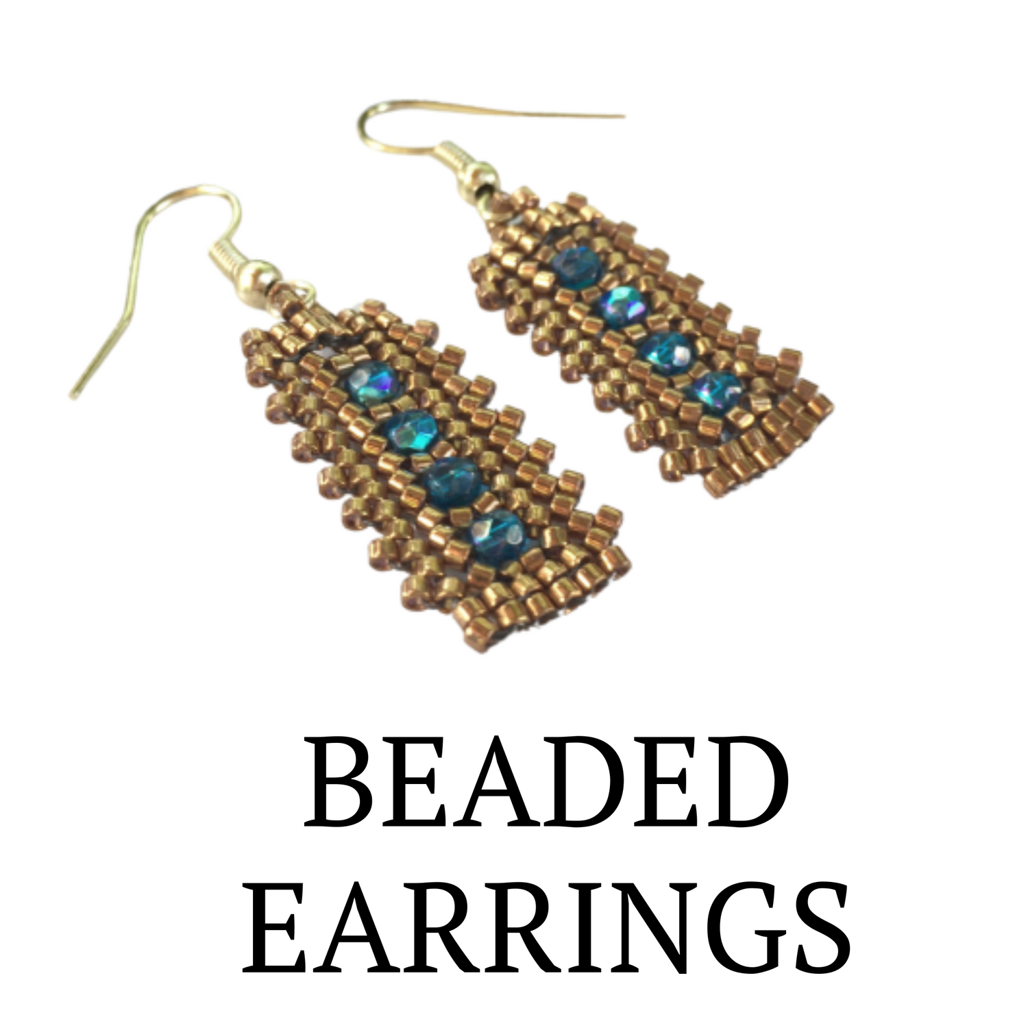 Gold seed beaded bar earrings with 4 vertical blue zircon crystals in the center.