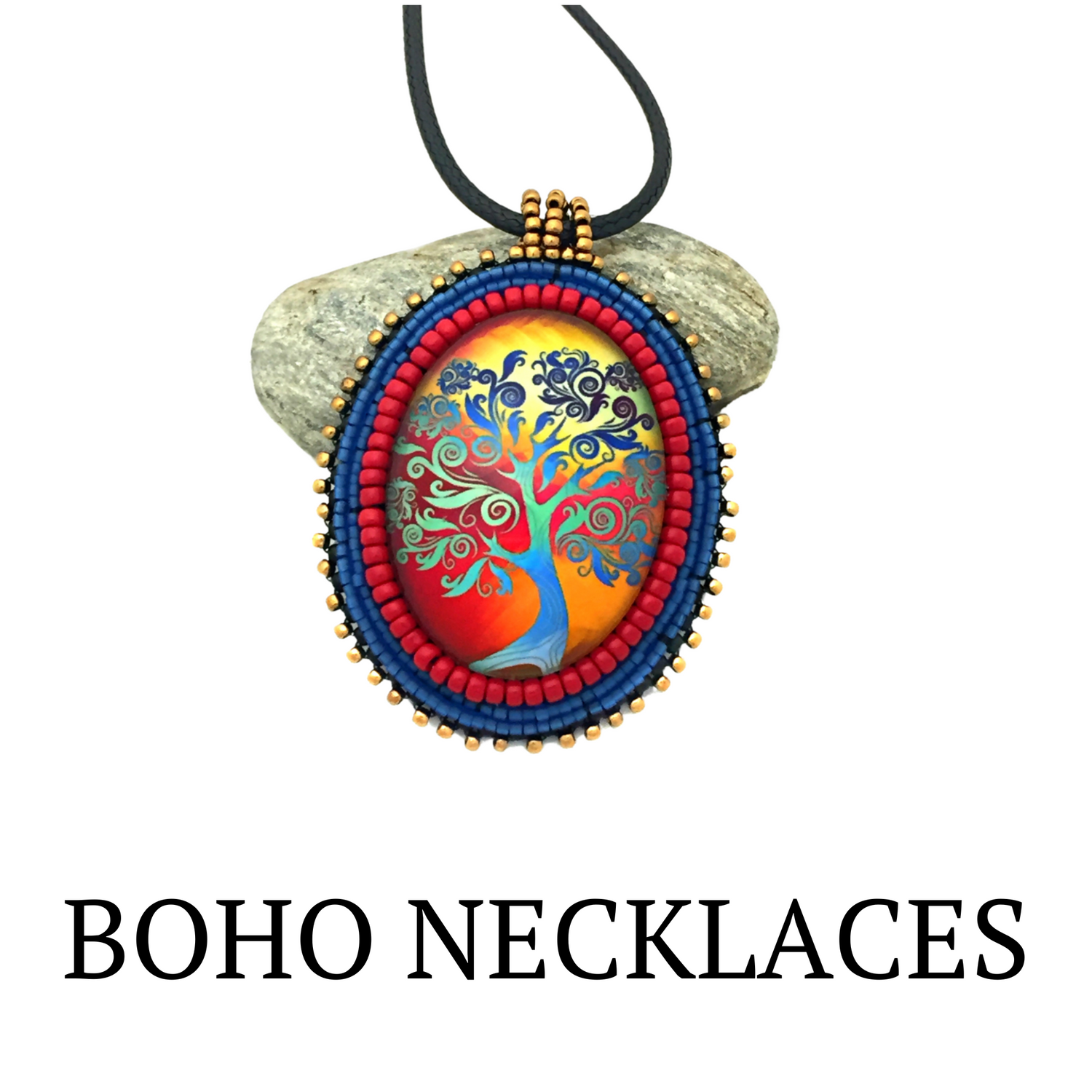 Colorful tree of life pendant with an orange, red and yellow background surrounded by red, blue and gold beading.