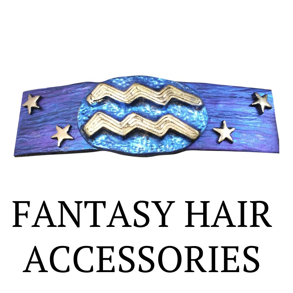 Aquarius zodiac hair barrette in blue and purple with gold Aquarius star sign and stars.