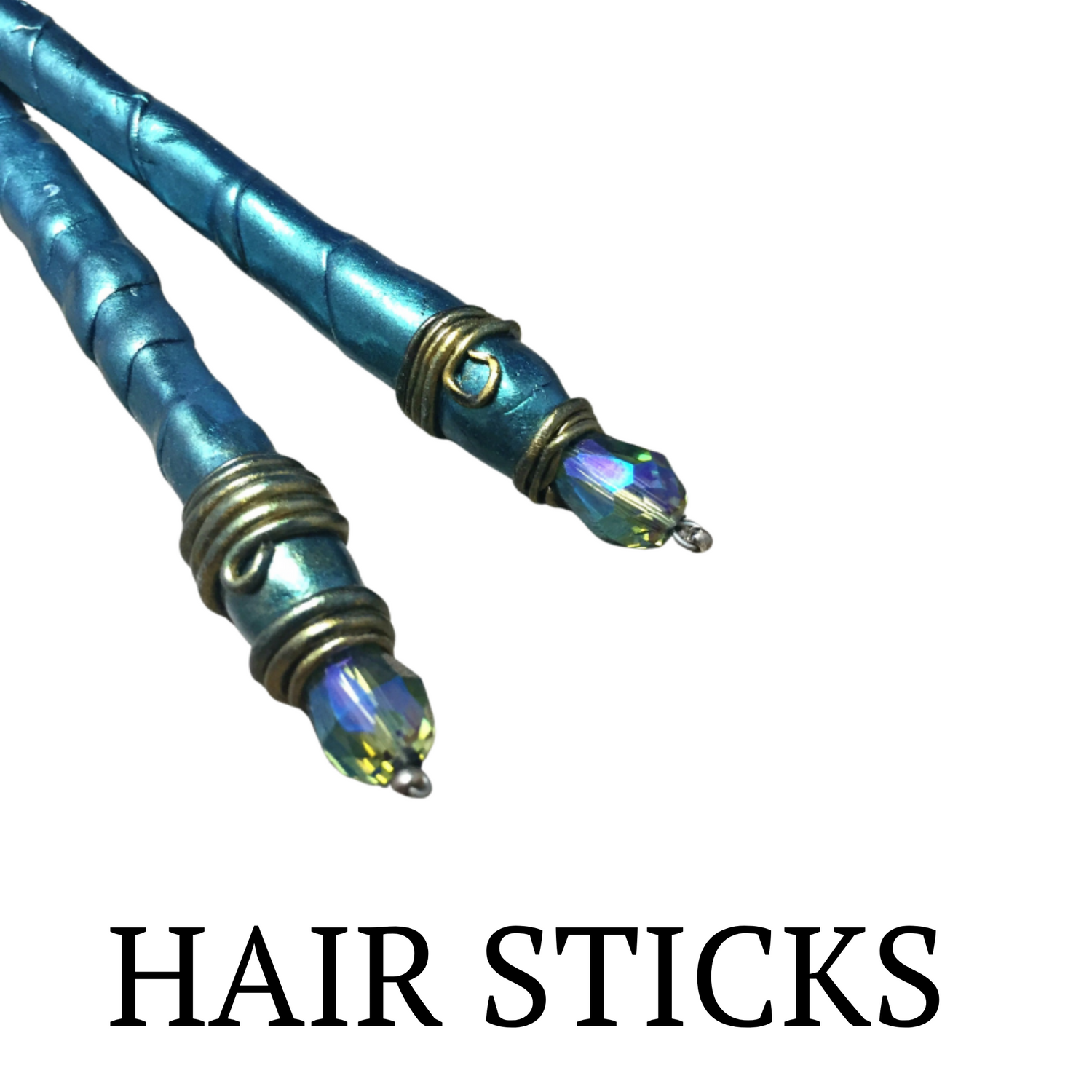 Metallic green polymer clay hair sticks with vitrail crystal at the top.