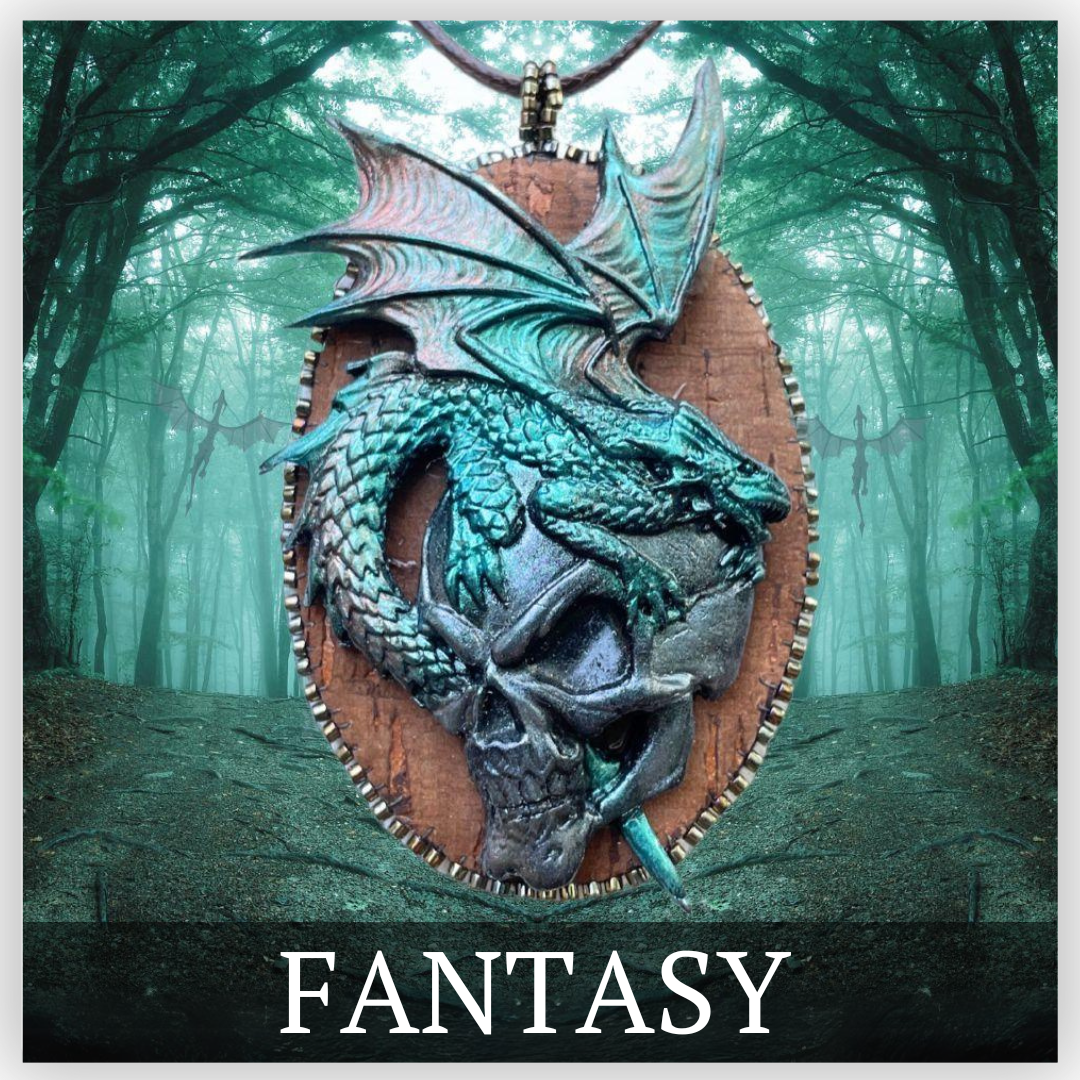 Purple and blue Dragon against a white background with words "Fantasy Jewelry"