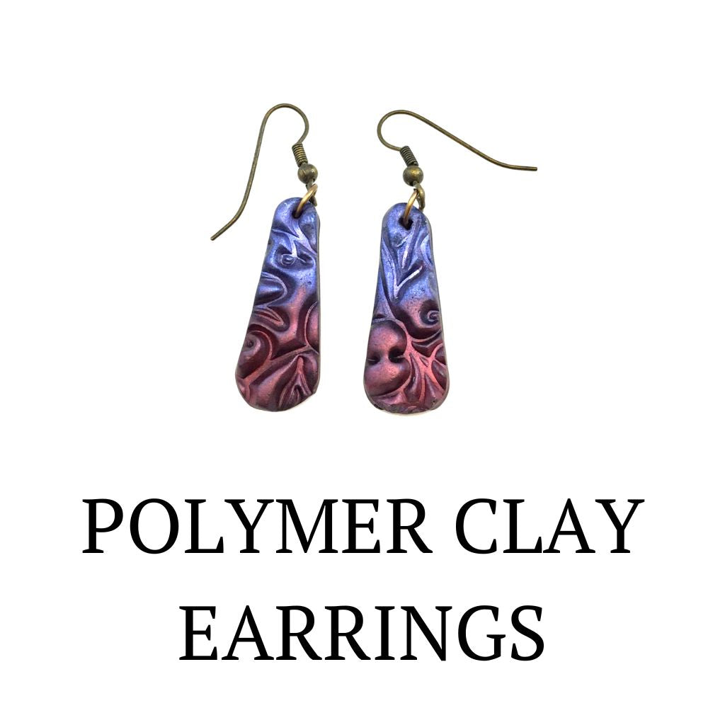 Deep pink and blue textured polymer clay teardrop earrings