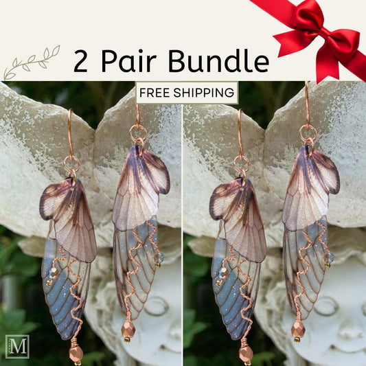 Pair of butterfly wing earrings with a red bow and text overlay on a decorative background.