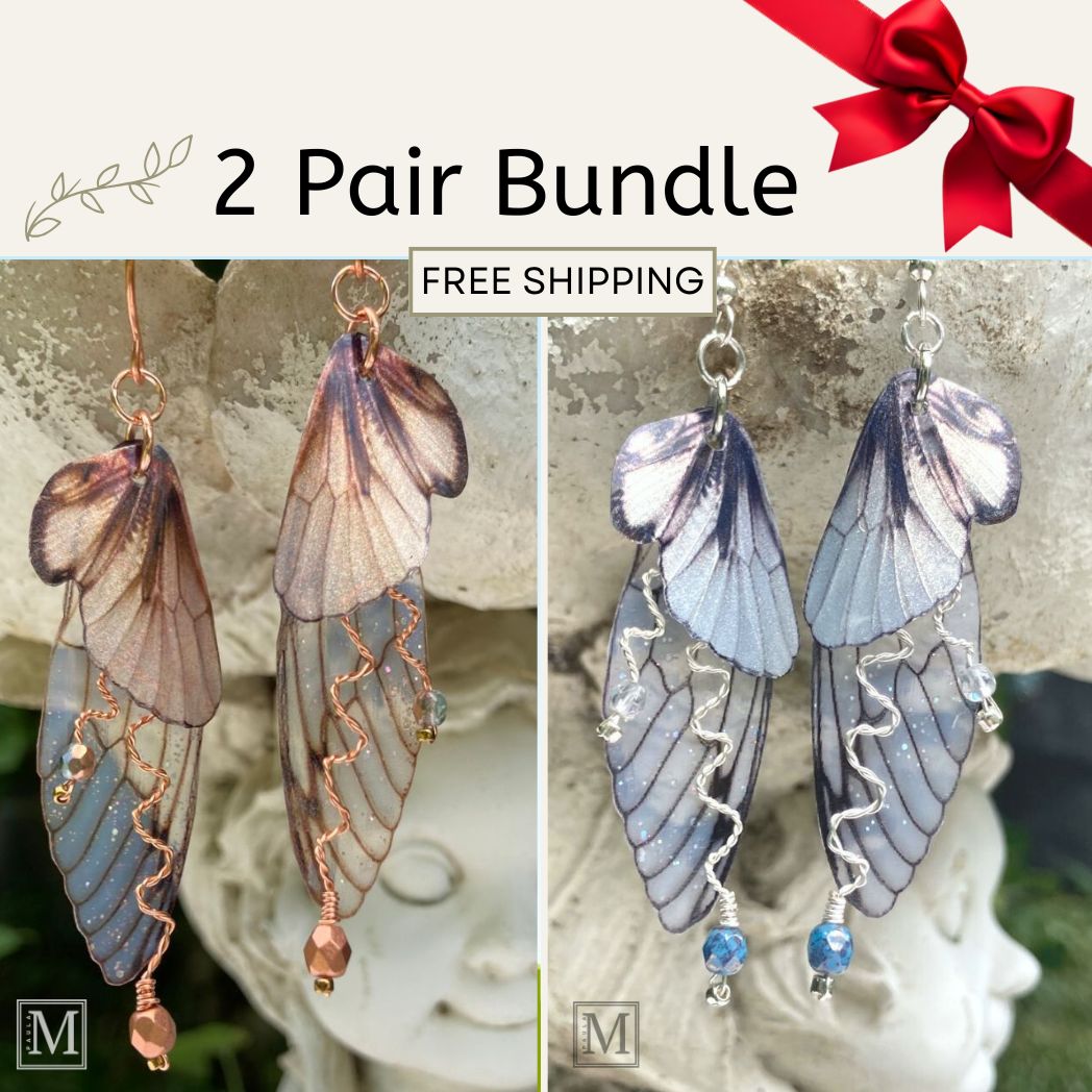 Two pairs of butterfly wing earrings with a red bow and free shipping text on a neutral background.