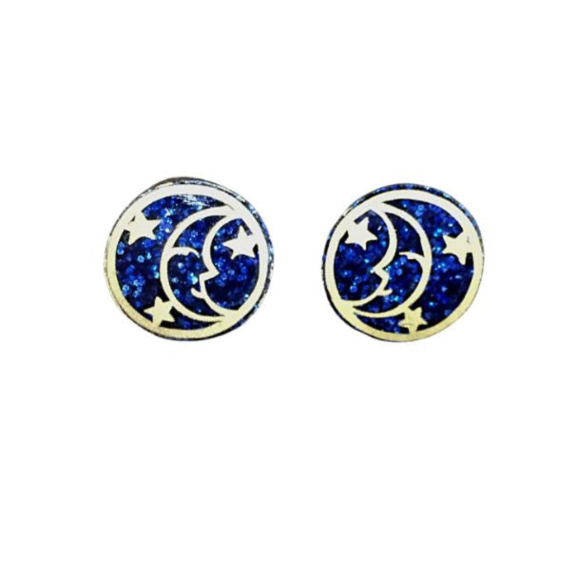 Round blue glitter acrylic earrings with gold moon motif
