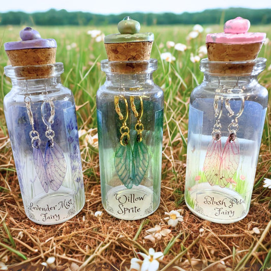 Three small glass jars with cork lids containing fairy-themed earrings on a grassy background.
