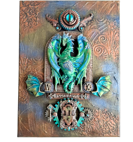 Decorative wall art with a green dragon and intricate patterns on a textured background
