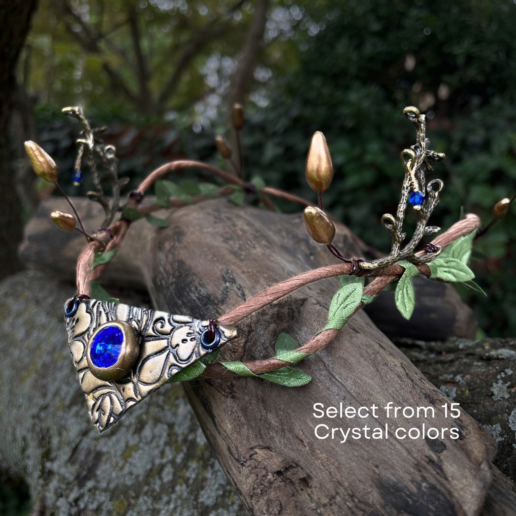 Woodland Elven Crown, Adjustable Forest Fairy Hair Circlet - 15 Crystal Colors