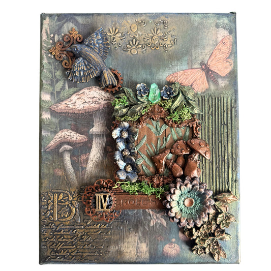 Decorative wall art with nature-themed elements on a textured background