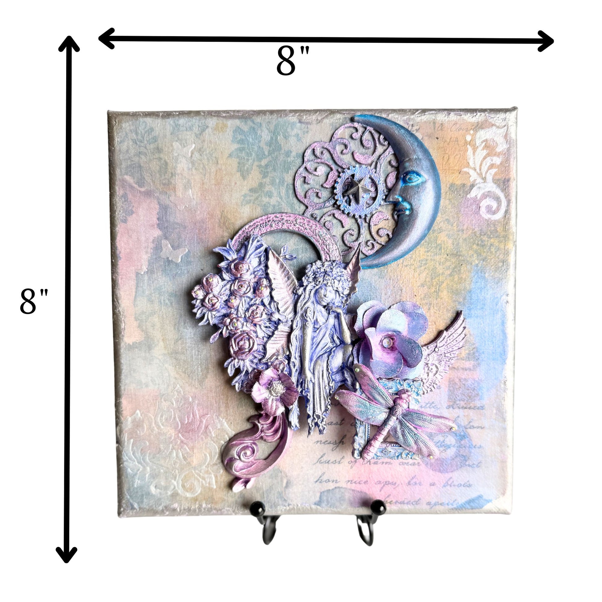Decorative wall art with angel and floral design, dimensions 8x8 inches.