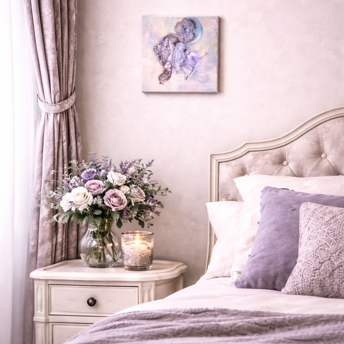 Decorative bedroom with a bed, nightstand, and floral arrangement.