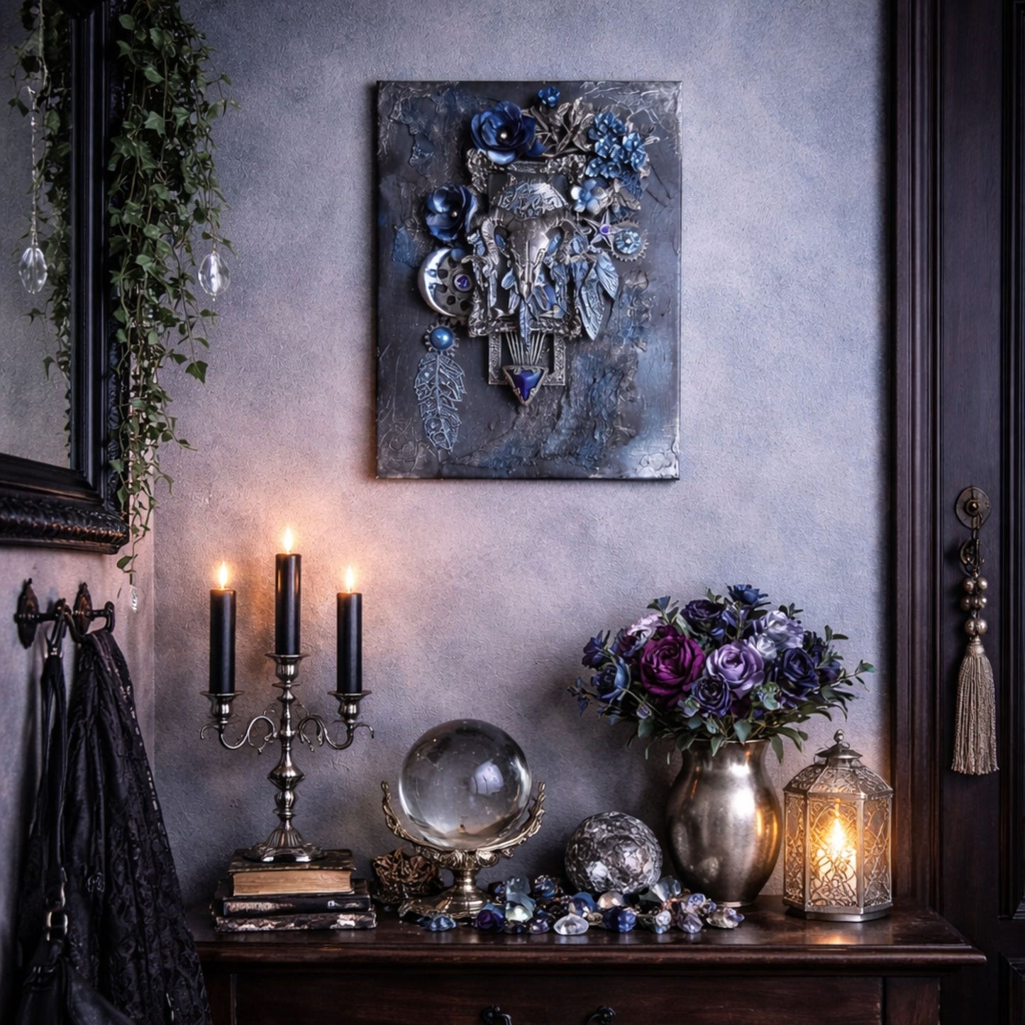 Decorative wall piece with candles, crystals, and flowers on a wooden surface.