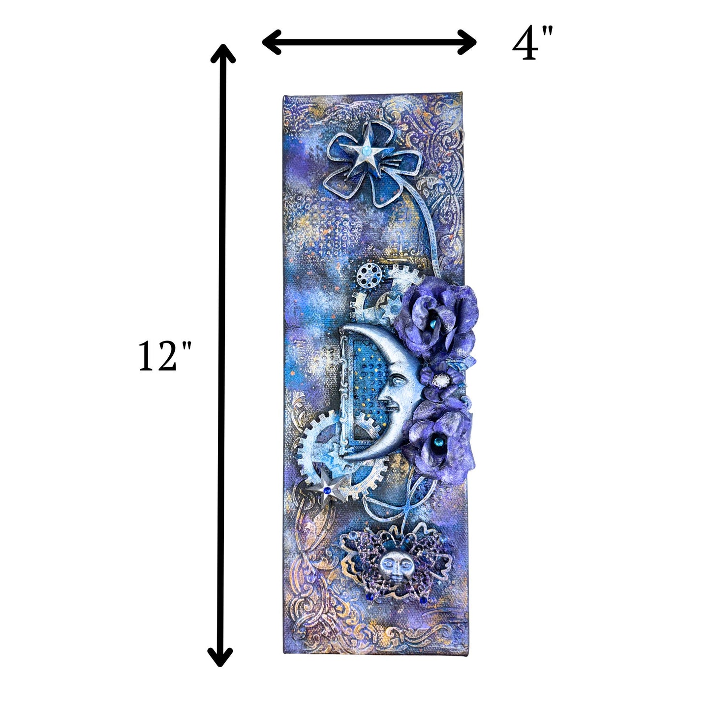 Decorative item with floral and mechanical designs, shown with dimensions on a white background.