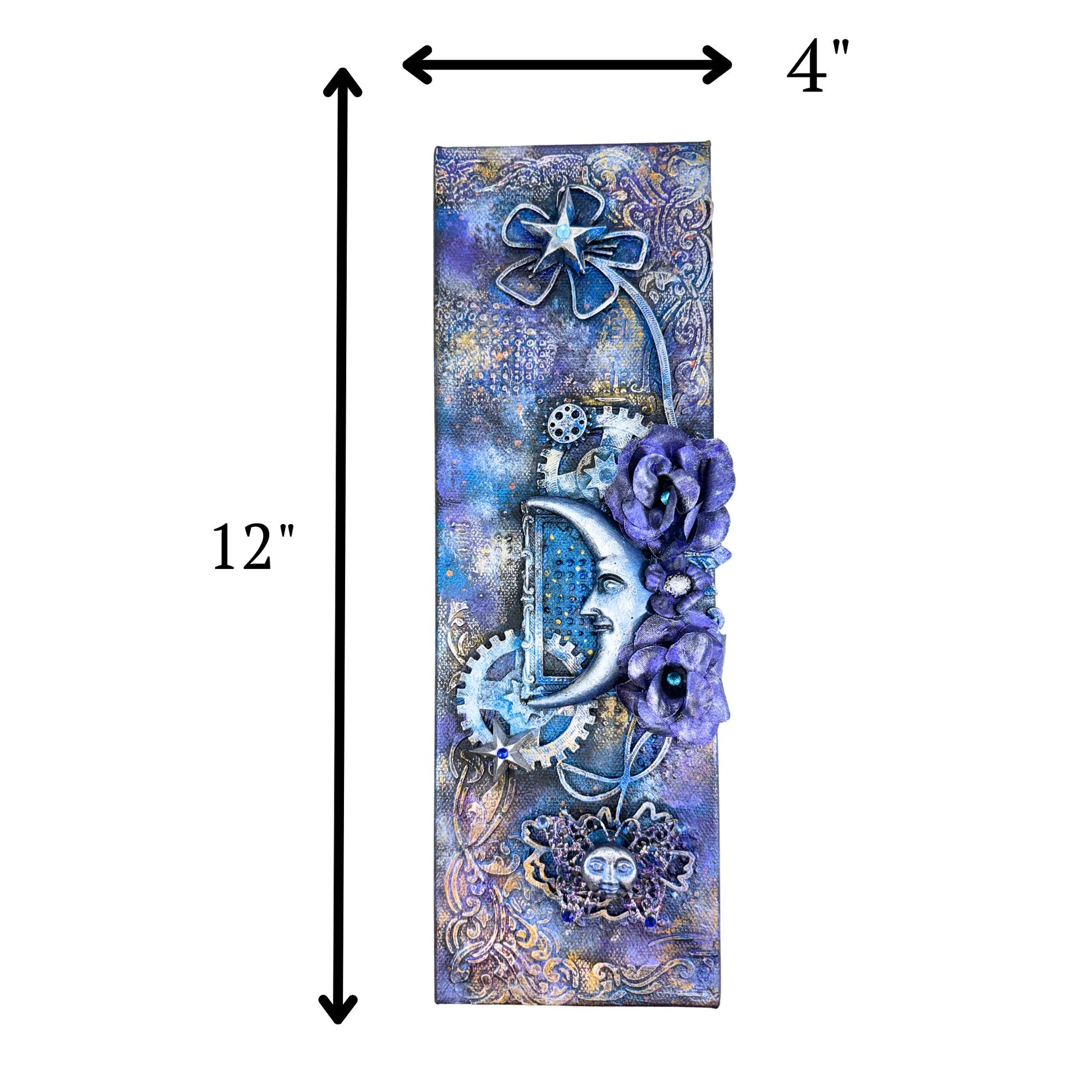 Decorative item with floral and mechanical designs, shown with dimensions on a white background.