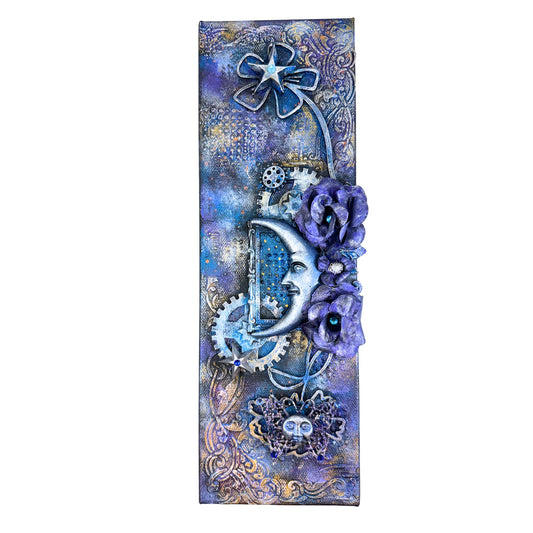 Decorative panel with blue floral and mechanical design on a white background