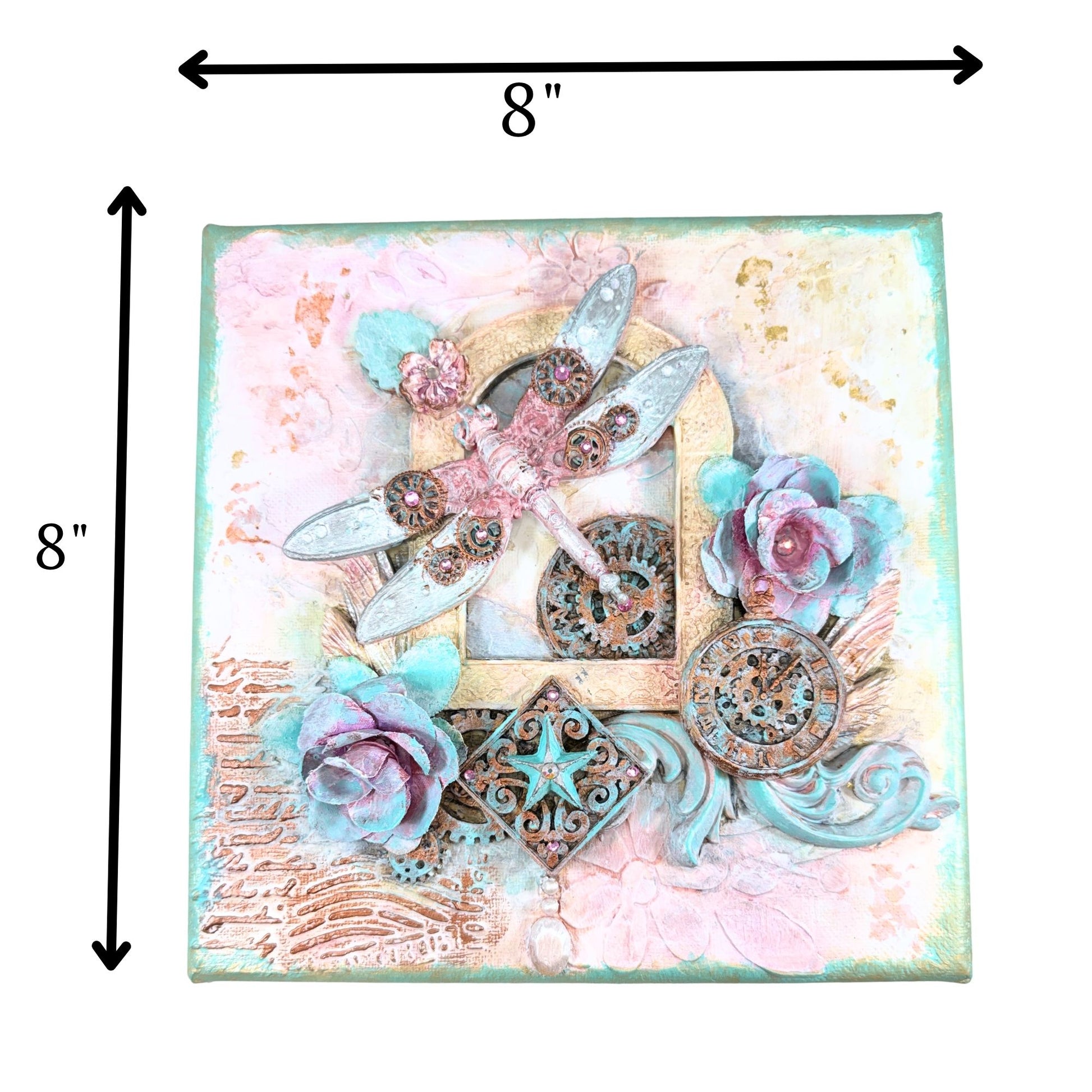 Decorative wall art with fairy, flowers, and gears on a pastel background, measuring 8x8 inches.