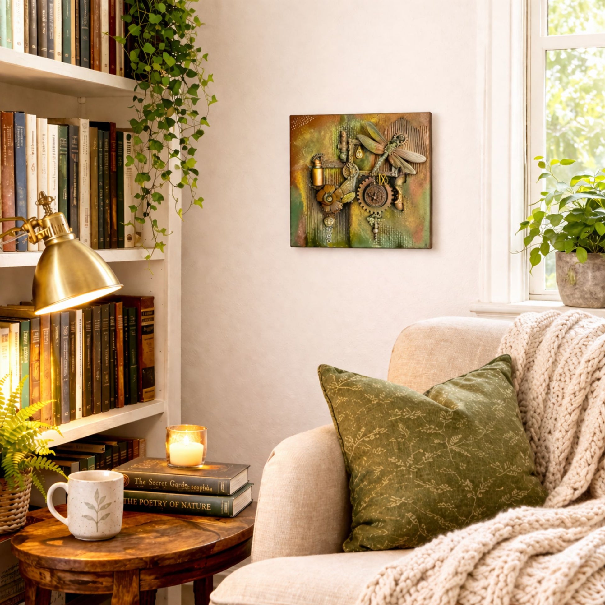 steampunk art work in a living room for size reference