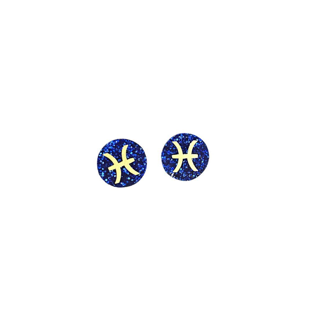 Gold pisces symbol on blue glitter acrylic round earrings.